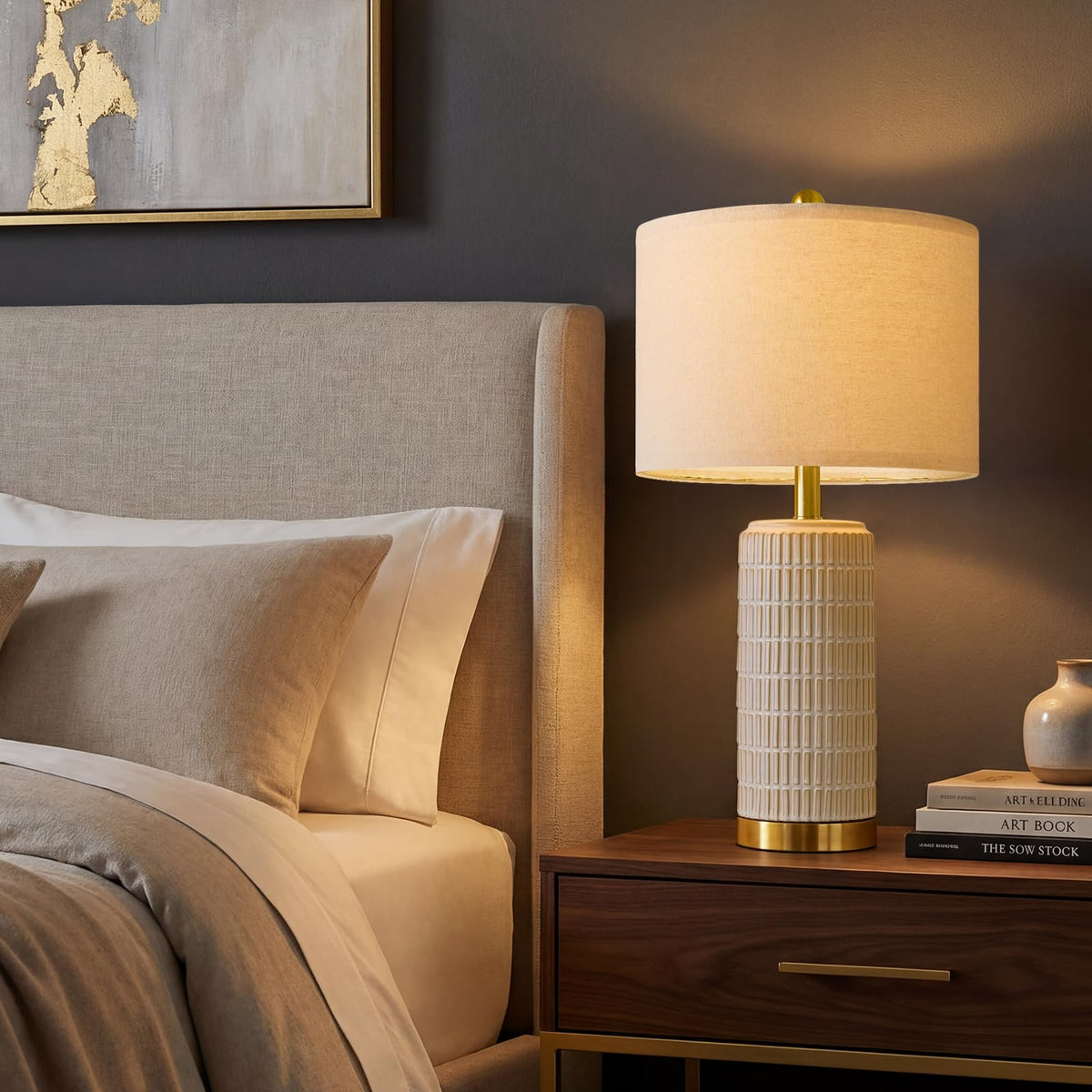 PoKat bedroom nightstand lamp complements beige and white schemes