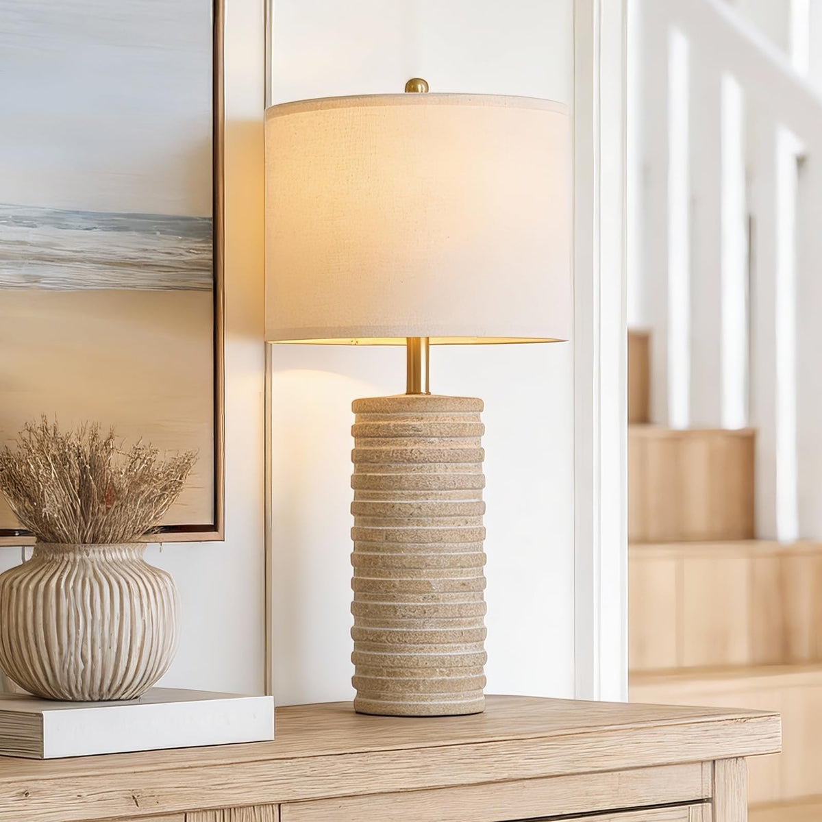 PoKat bedside lamp beige rustic finish complements vintage decor.