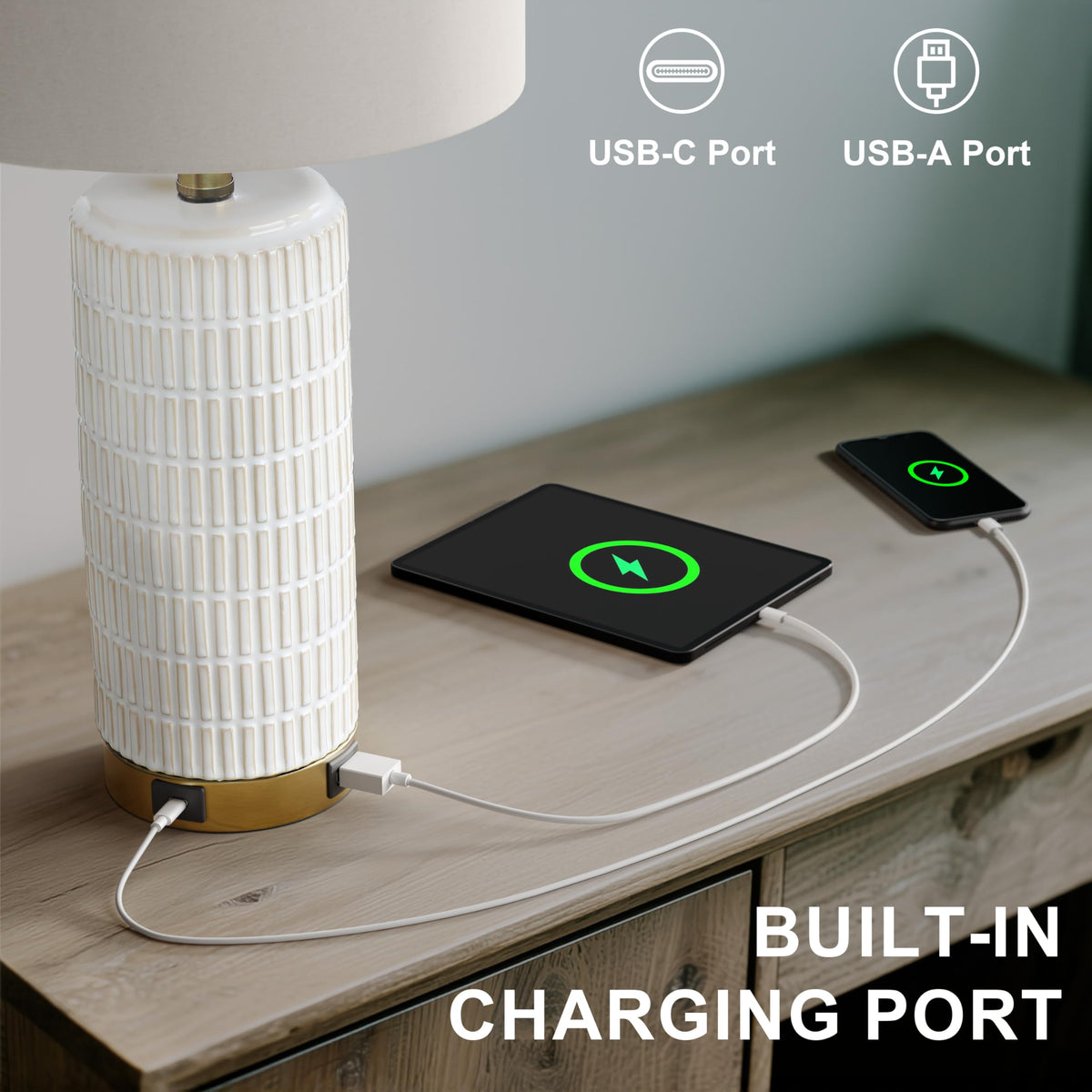 Pokat bedside lamp with USB ports charges phones and gadgets.
