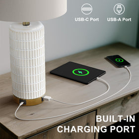 Pokat bedside lamp with USB ports charges phones and gadgets.