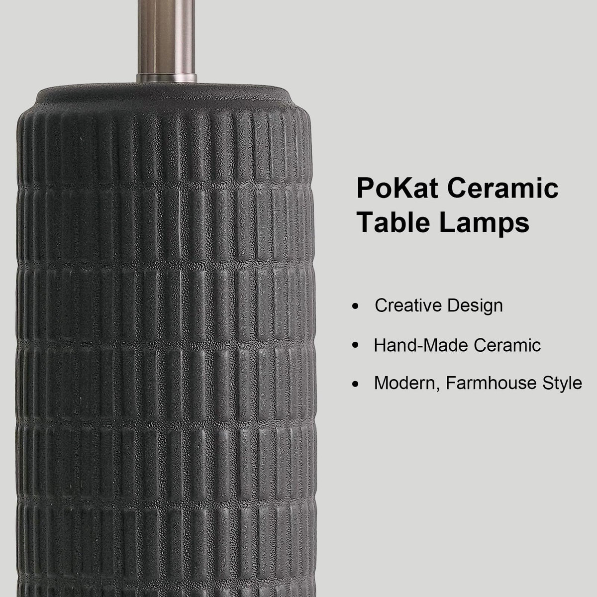 Close-up of Pokat black ceramic lamp base highlighting stone-like texture.