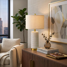 PoKat end-table lamp illuminating hallway corners with subtle warm glow