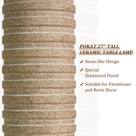 PoKat living room lamp with linen shade diffuses soft light.