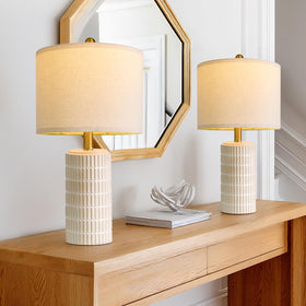 PoKat small modern ceramic table lamp pair on white nightstands for cozy bedroom ambiance