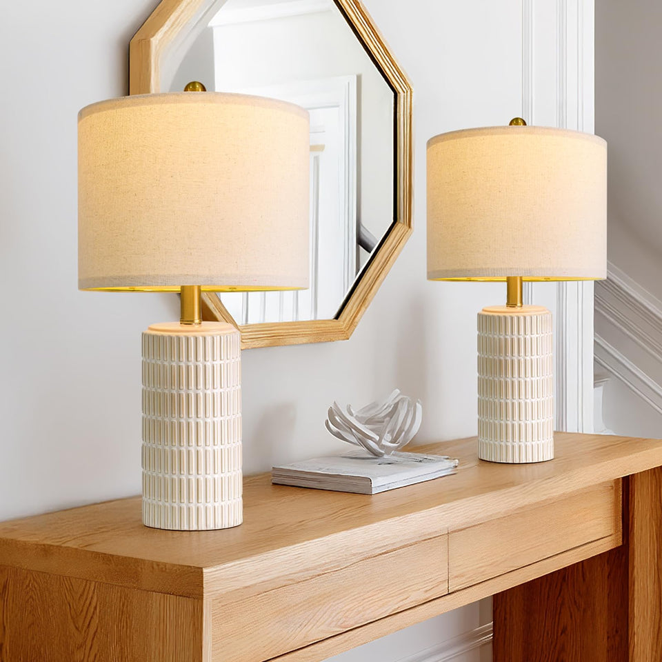 PoKat small modern ceramic table lamp pair on white nightstands for cozy bedroom ambiance