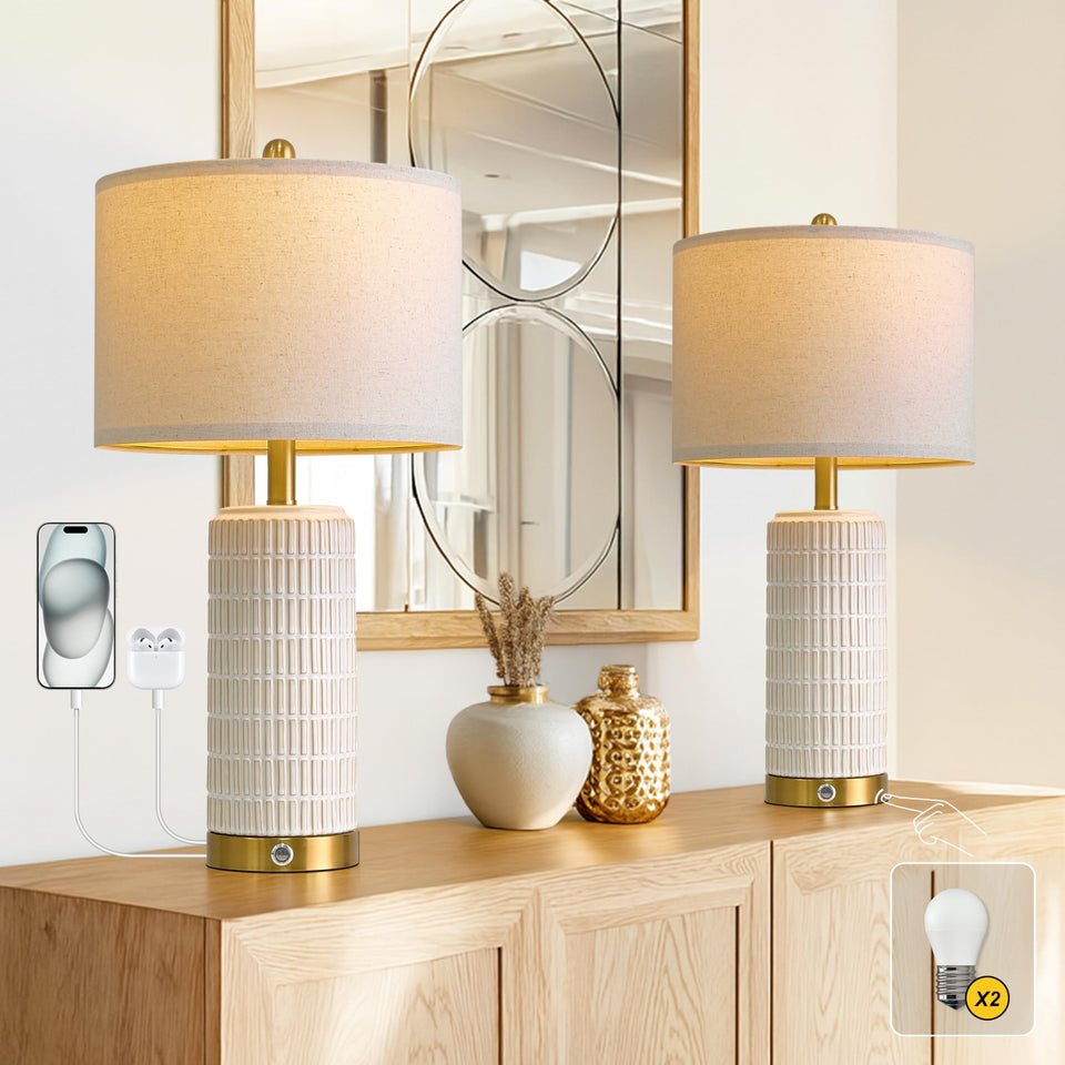 Pokat Touch bedside lamp with gold ceramic base adds refined modern style.
