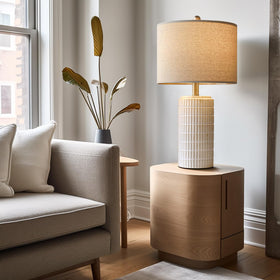 PoKat two-lamp setup on living room table enhances symmetry
