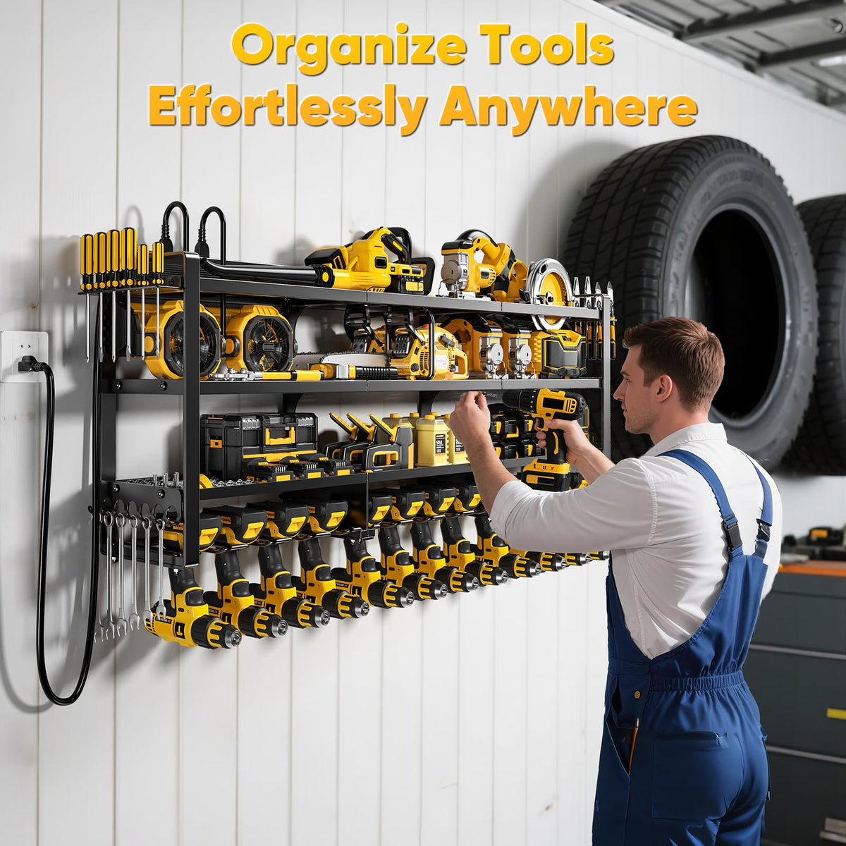 POKIPO 4-tier heavy-duty rack provides sturdy storage for large power tools.