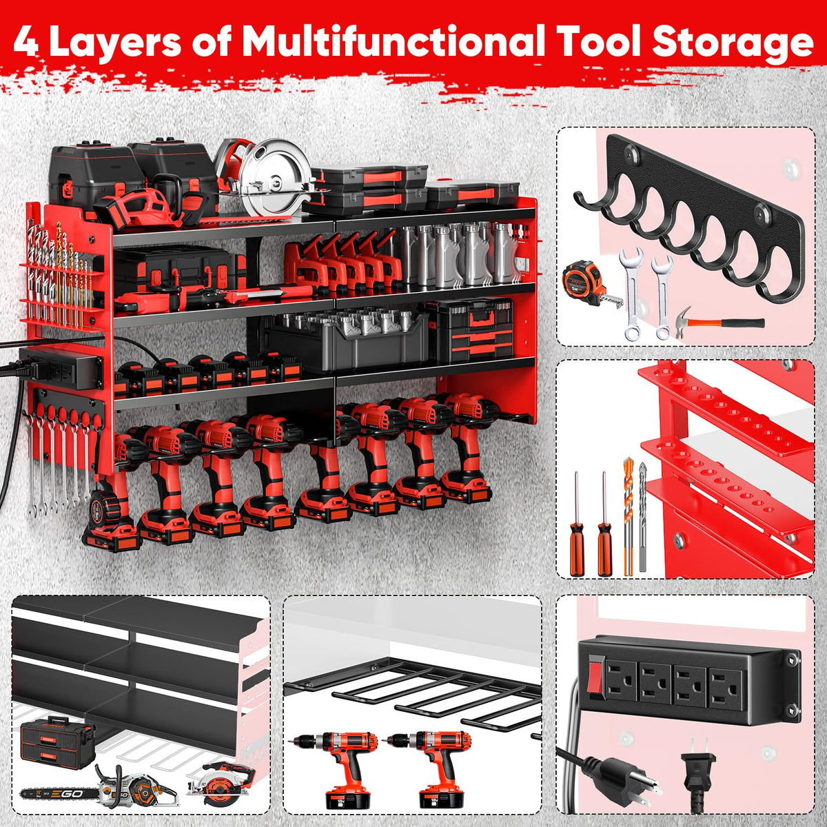 POKIPO eight drill slots and six shelves organize tools and components