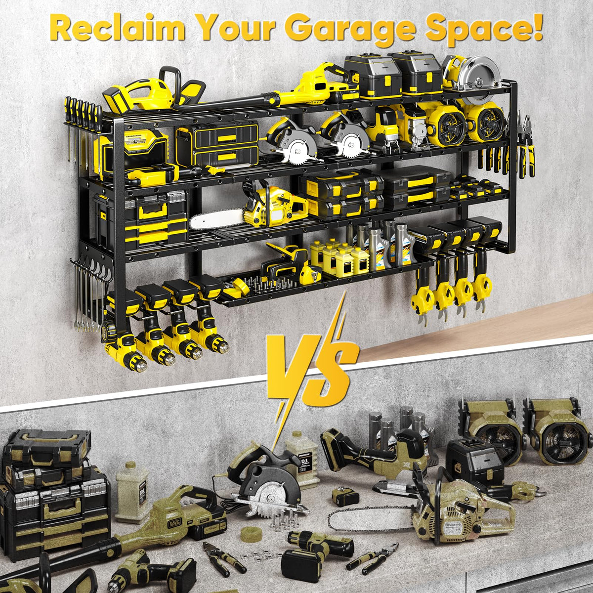 POKIPO four-tier rack maximizes garage space with clear tool visibility