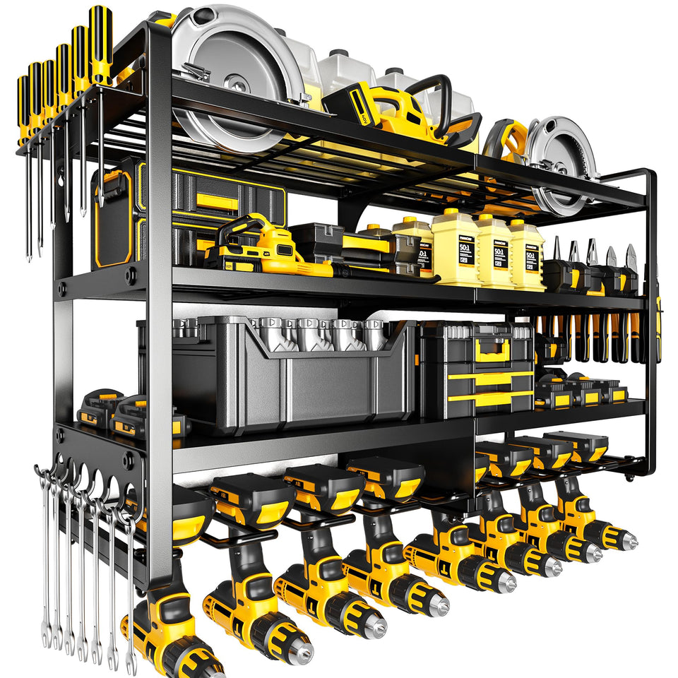 POKIPO Large Power Tool Organizer wall mount front view with eight cordless drill holders for a clutter-free workspace.