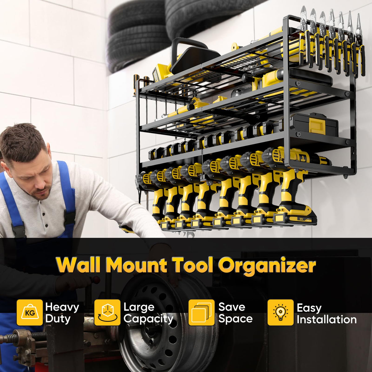 POKIPO Large Power Tool Organizer wall mount side view showing generous storage for heavy tools and easy reach.