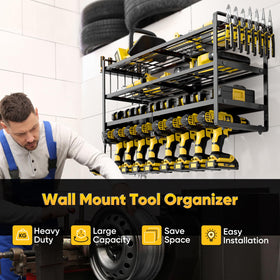 POKIPO Large Power Tool Organizer wall mount side view showing generous storage for heavy tools and easy reach.