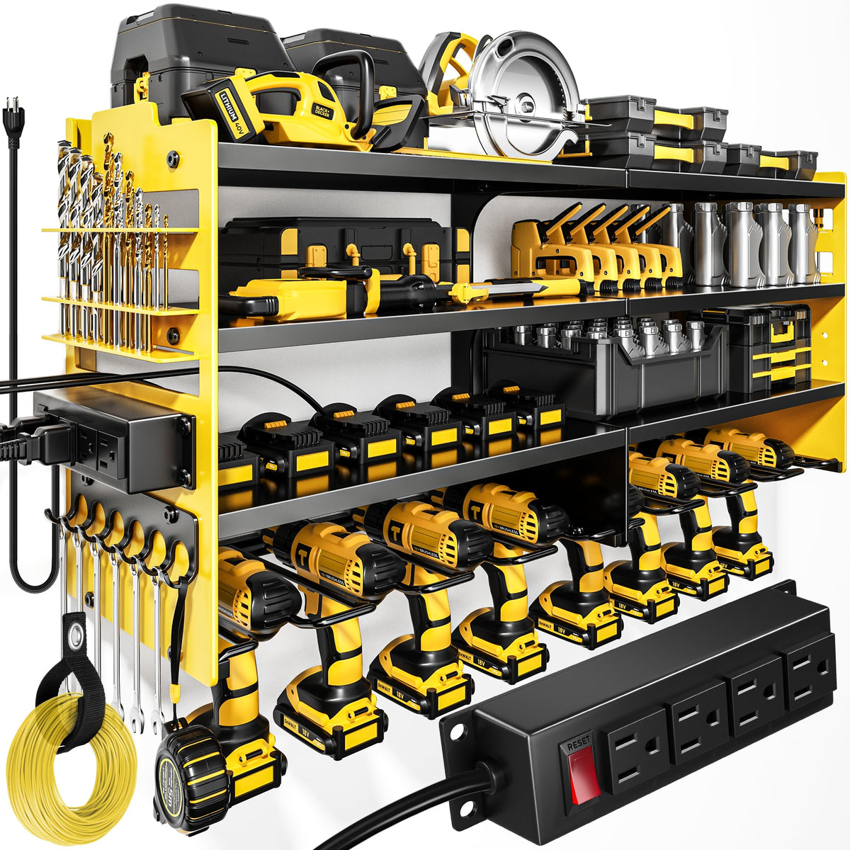 POKIPO power tool organizer on wall mount with charging station keeps tools powered and ready.