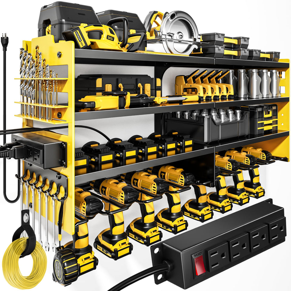 POKIPO power tool organizer on wall mount with charging station keeps tools powered and ready.