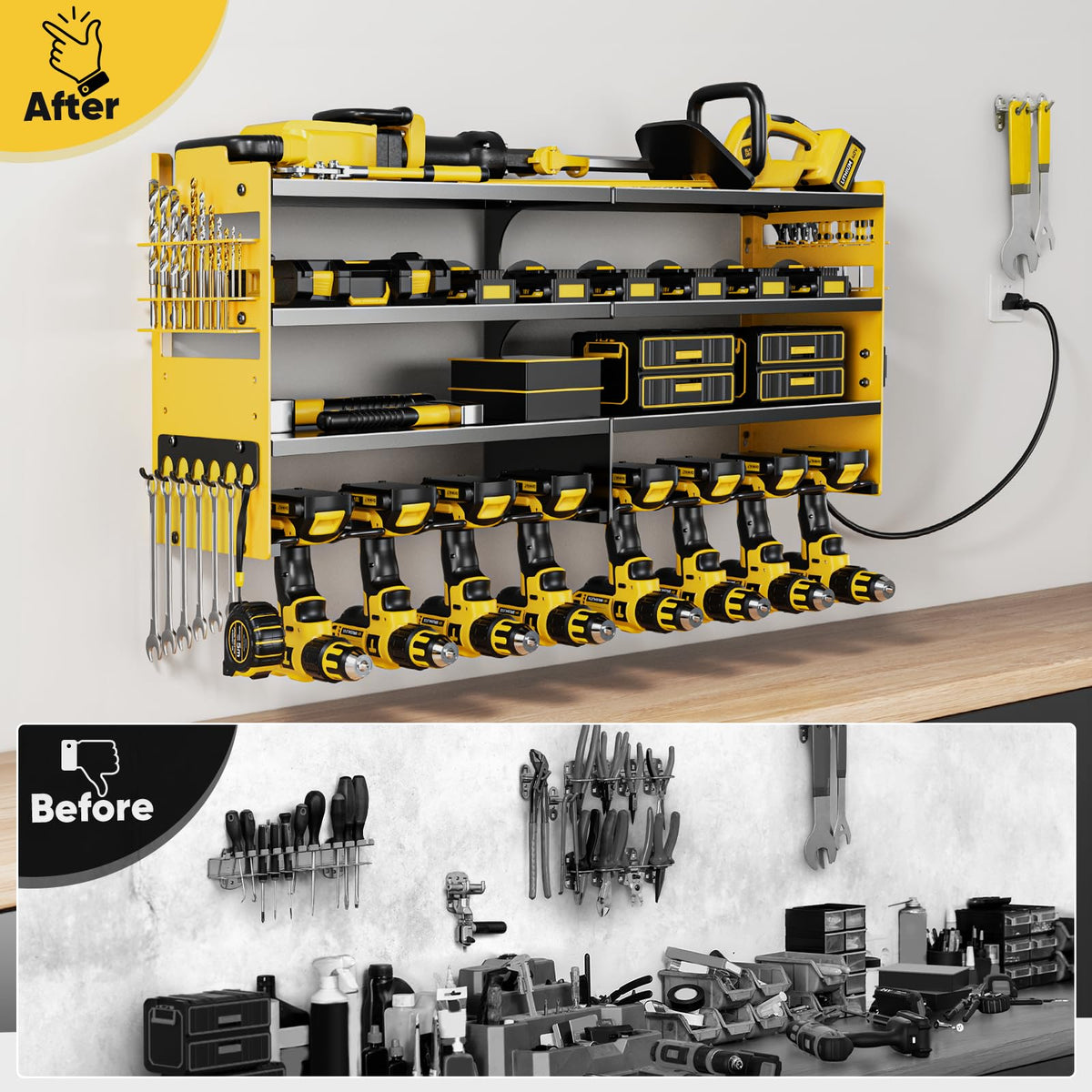 POKIPO side drill bit racks and hook rail organize bits and accessories.