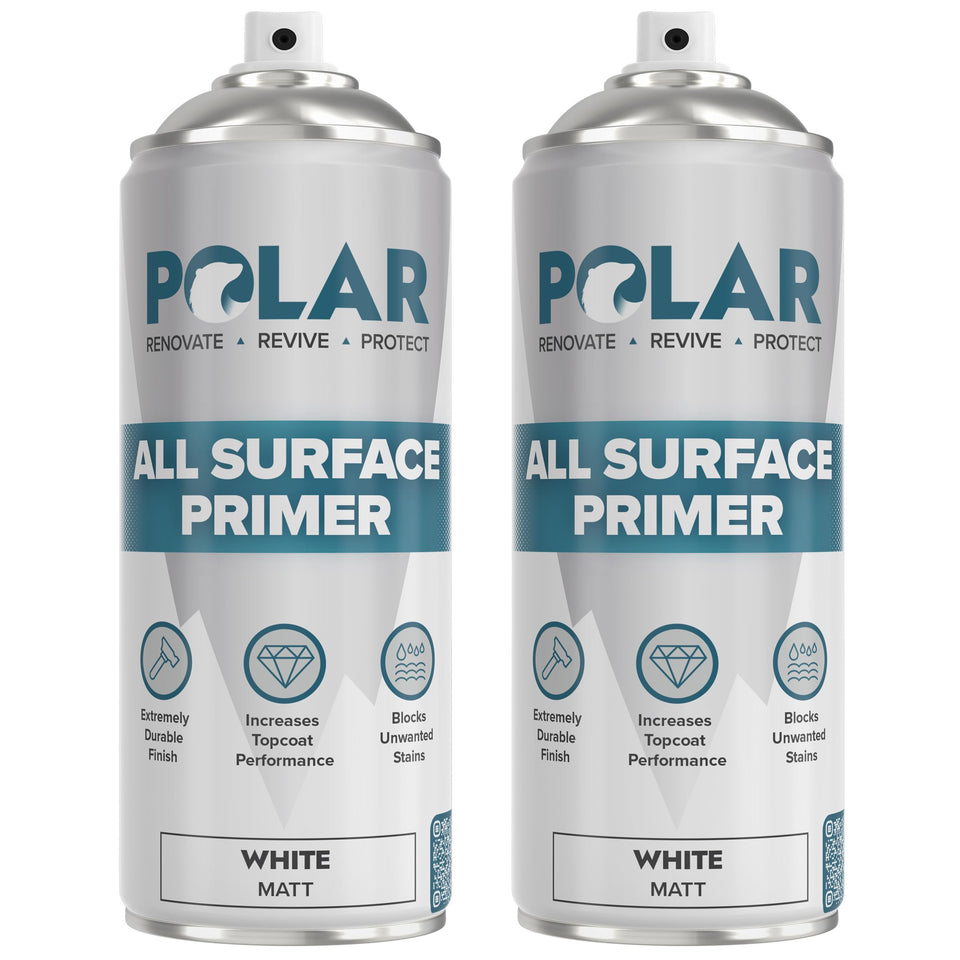 Polar Specialist Coatings Polar All Surface Primer Matte White bottle front for even base on wood and metal.