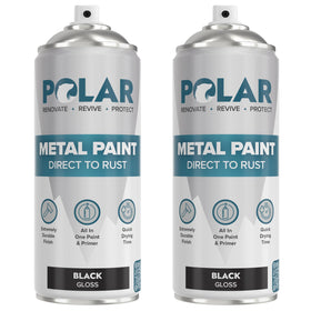 Polar Gloss Black Direct to Rust spray paint can close-up showing rust-preventive primer features