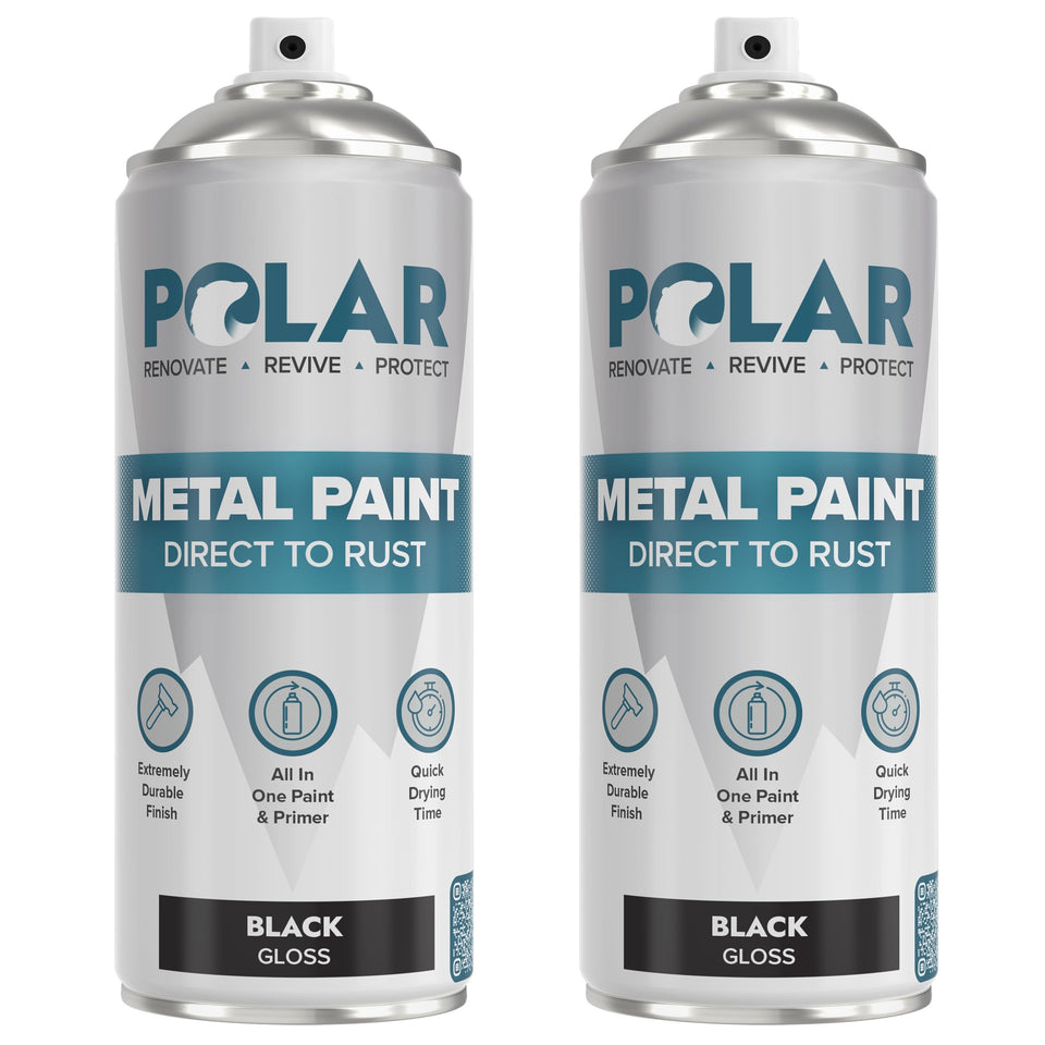 Polar Gloss Black Direct to Rust spray paint can close-up showing rust-preventive primer features