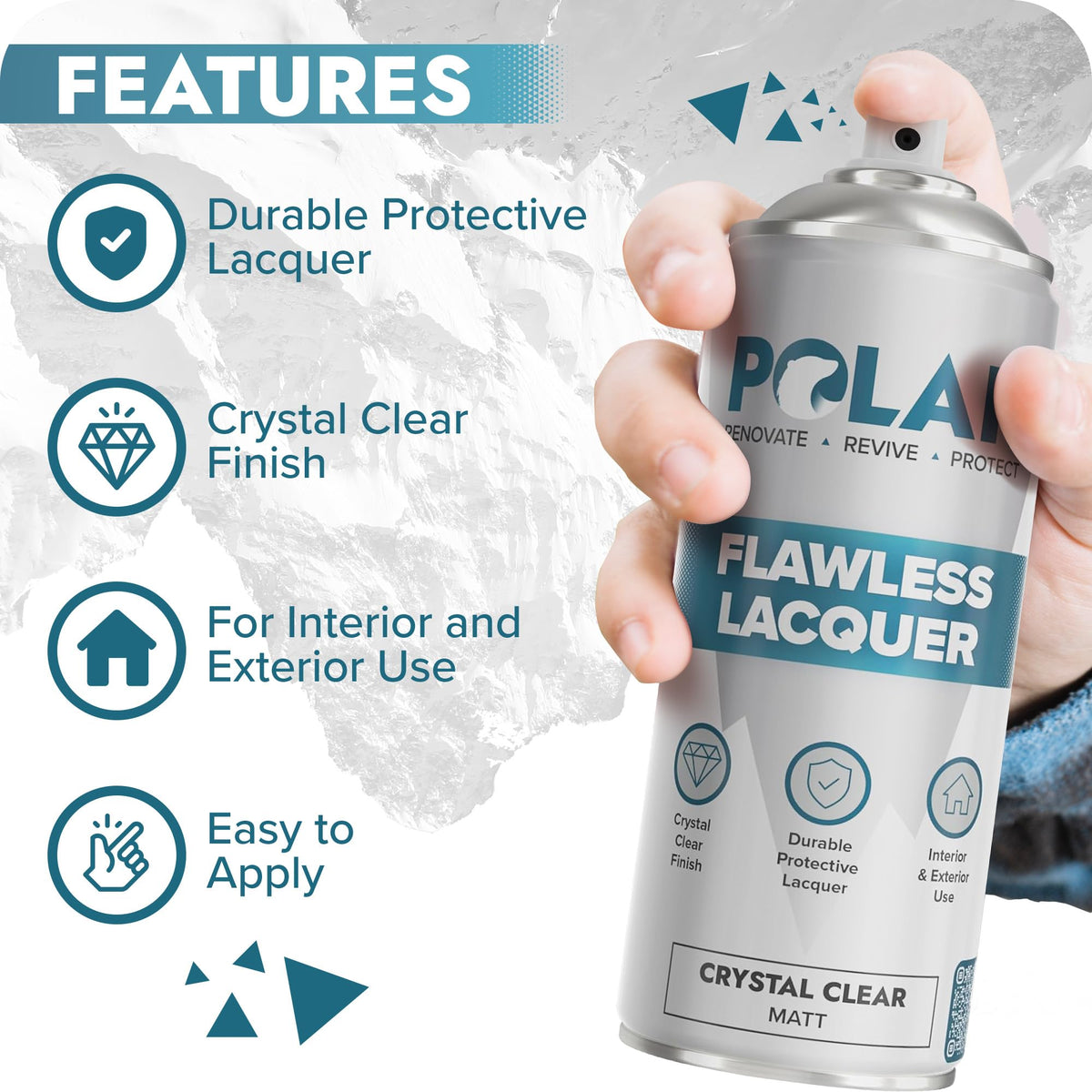 Polar Specialist Coatings clear coat spray works on wood, metal, plastic, glass, and ceramics.