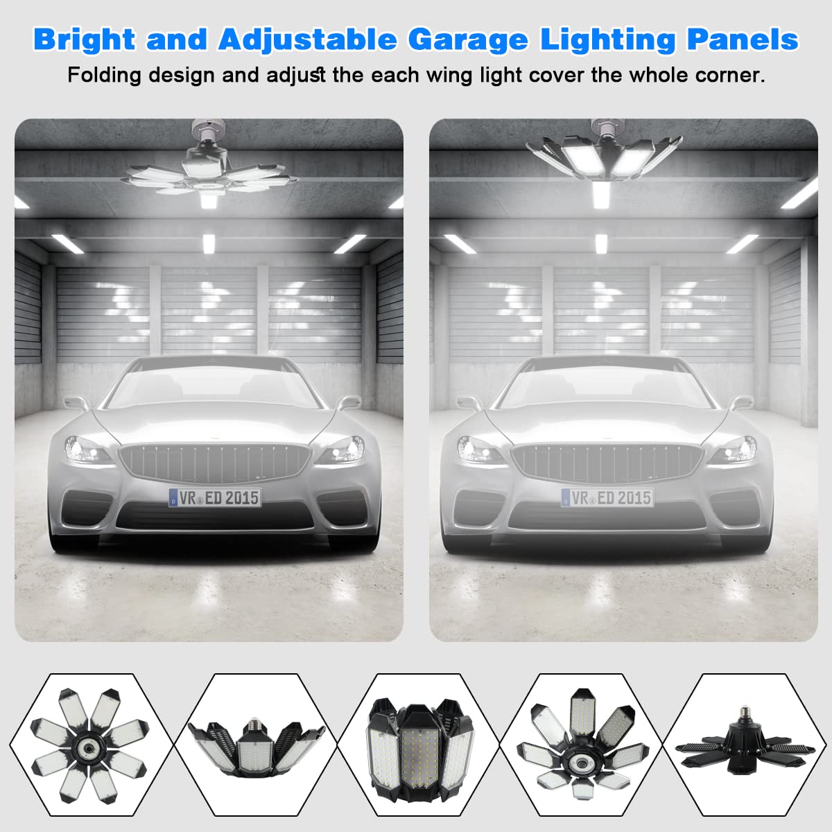 POLARPRA 200W LED garage light with deformable panels delivering bright, uniform coverage.