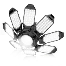 POLARPRA garage light with eight deformable panels provides wide, uniform workshop illumination.