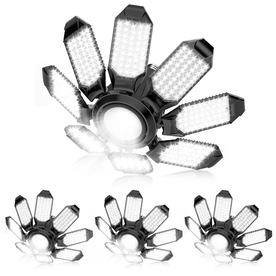 POLARPRA garage lights with eight adjustable panels provide broad, even workshop illumination.