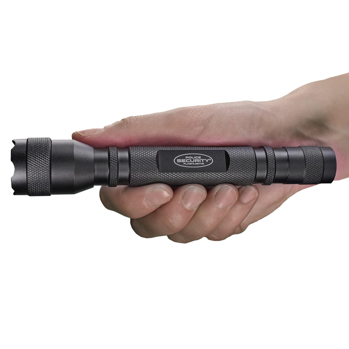 Police Security Blackjack 2AA flashlight side view, slim design for easy attachment.