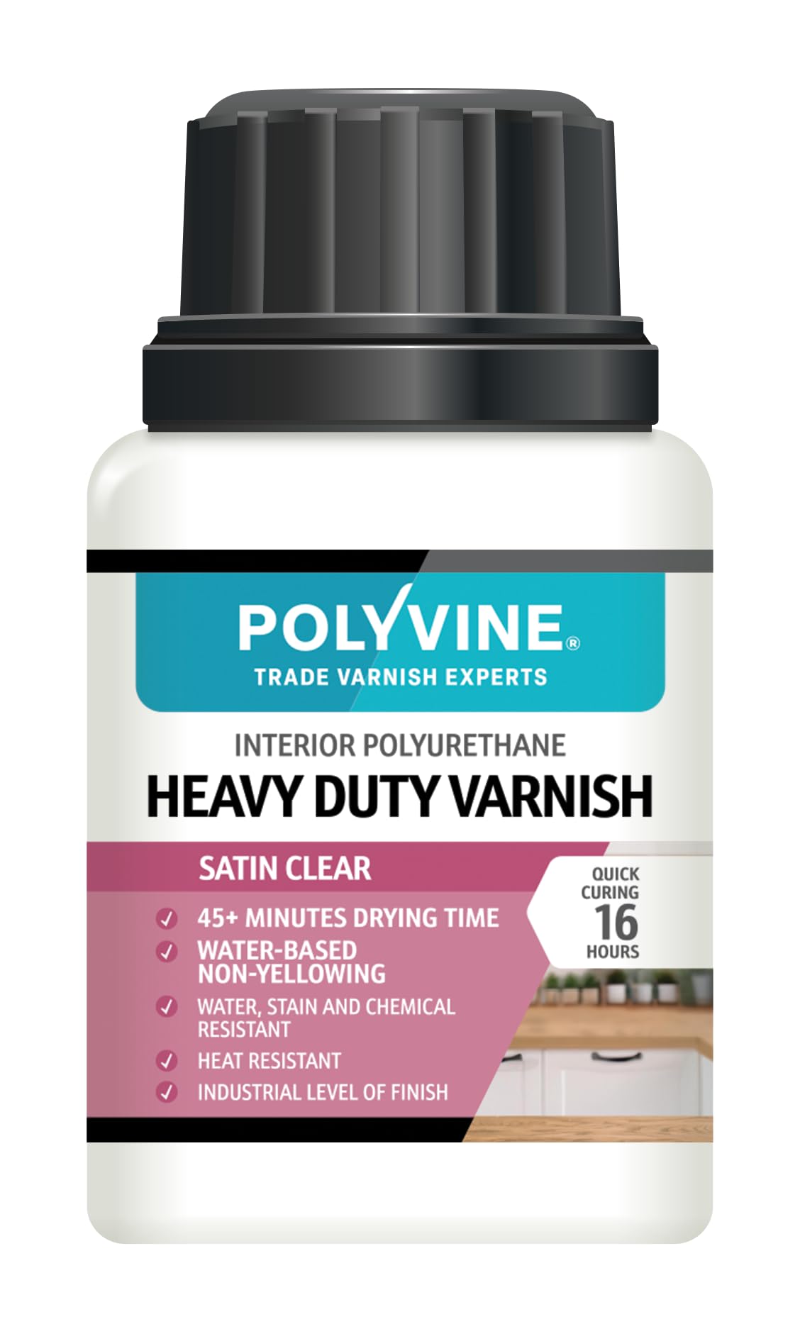 Polyvine Heavy Duty Satin Varnish bottle protecting interior wood