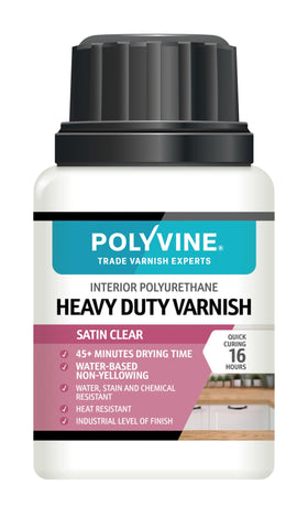 Polyvine Heavy Duty Satin Varnish bottle protecting interior wood