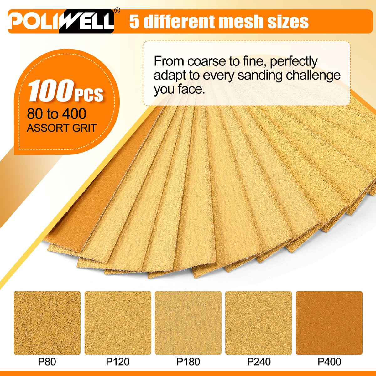 POLIWELL 80-grit sandpaper pack for rough shaping on wood and plastic