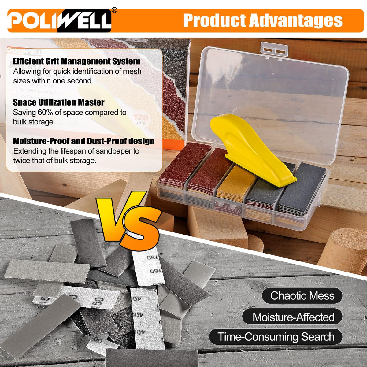 Polwell assorted sheets provide 80–600 grit options for wood, plastic, and metal.