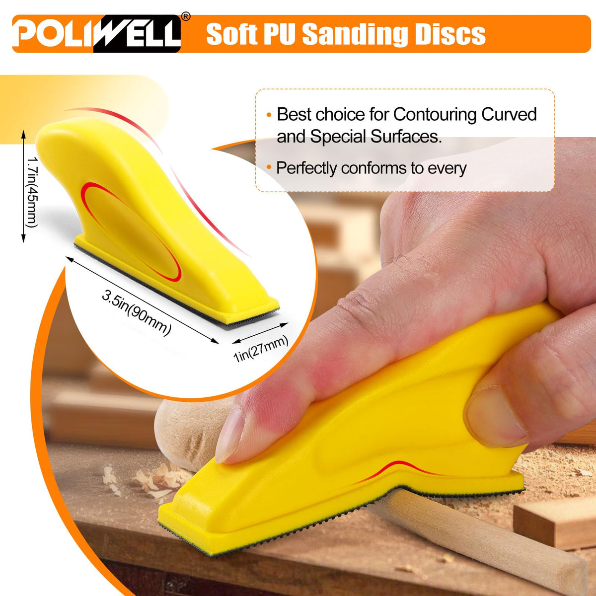 Polwell hook-and-loop backing enables fast, secure paper changes.