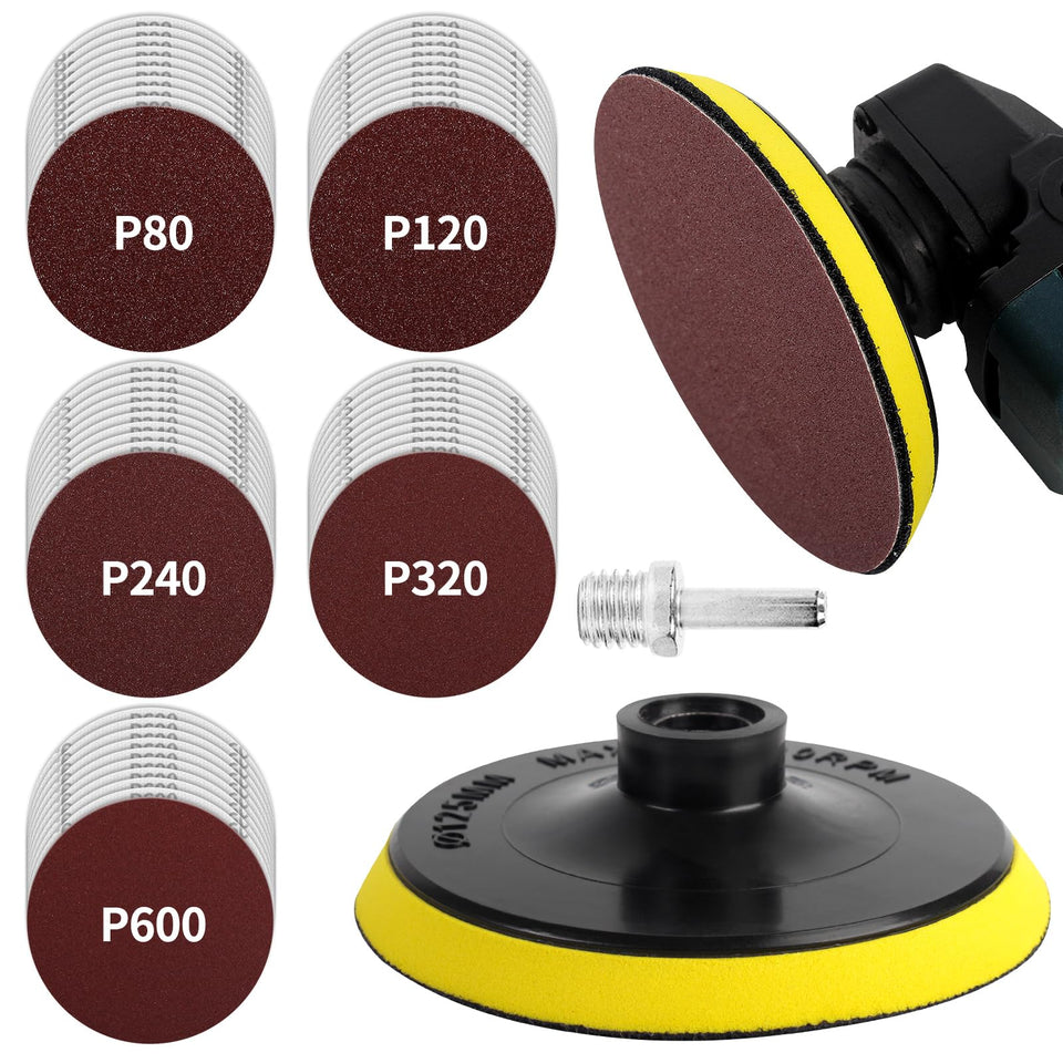 Pomsare 5 inch backing pad mounted to angle grinder for sanding discs.