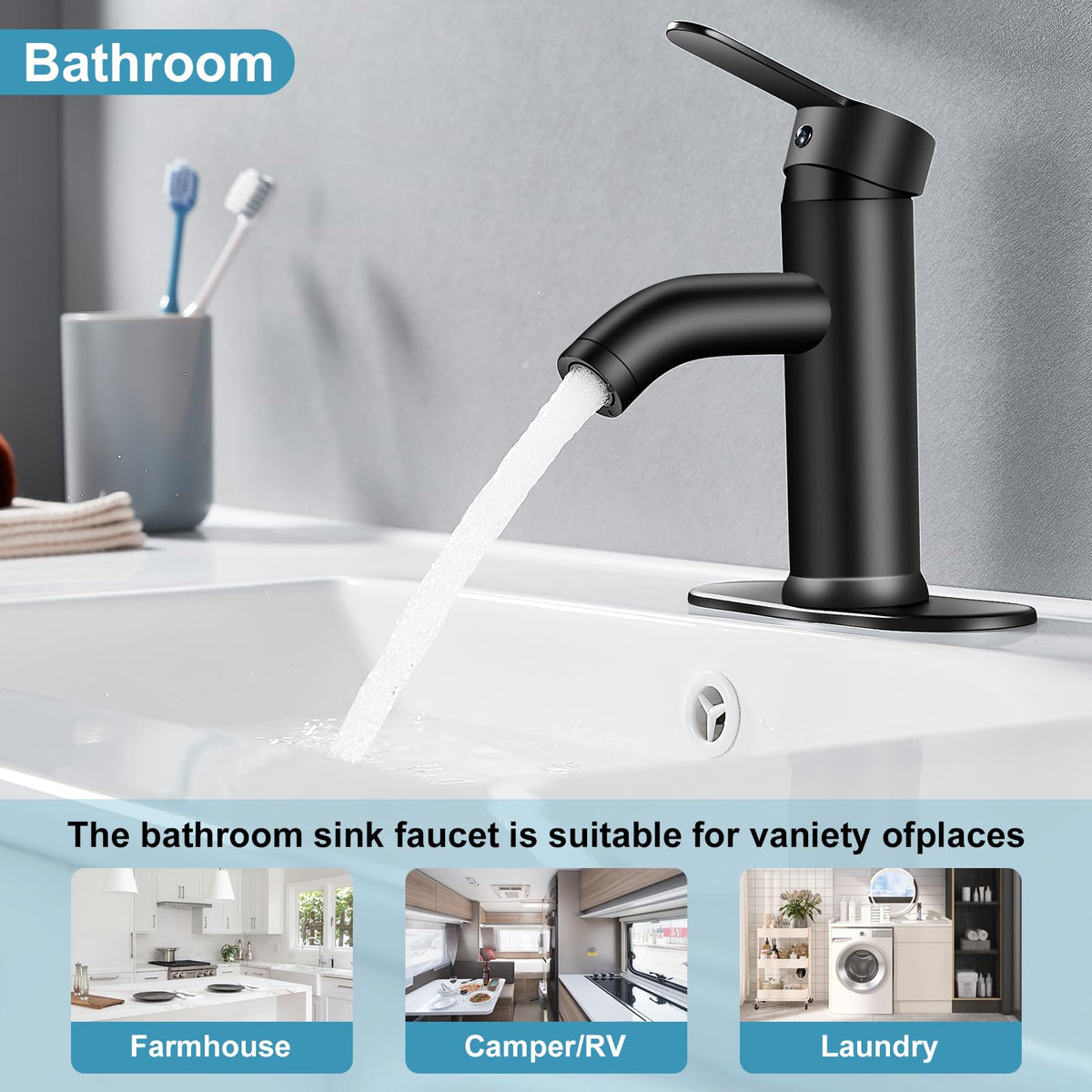 PONAFOU Black vanity faucet deck-mount suits 1- or 3-hole basins.