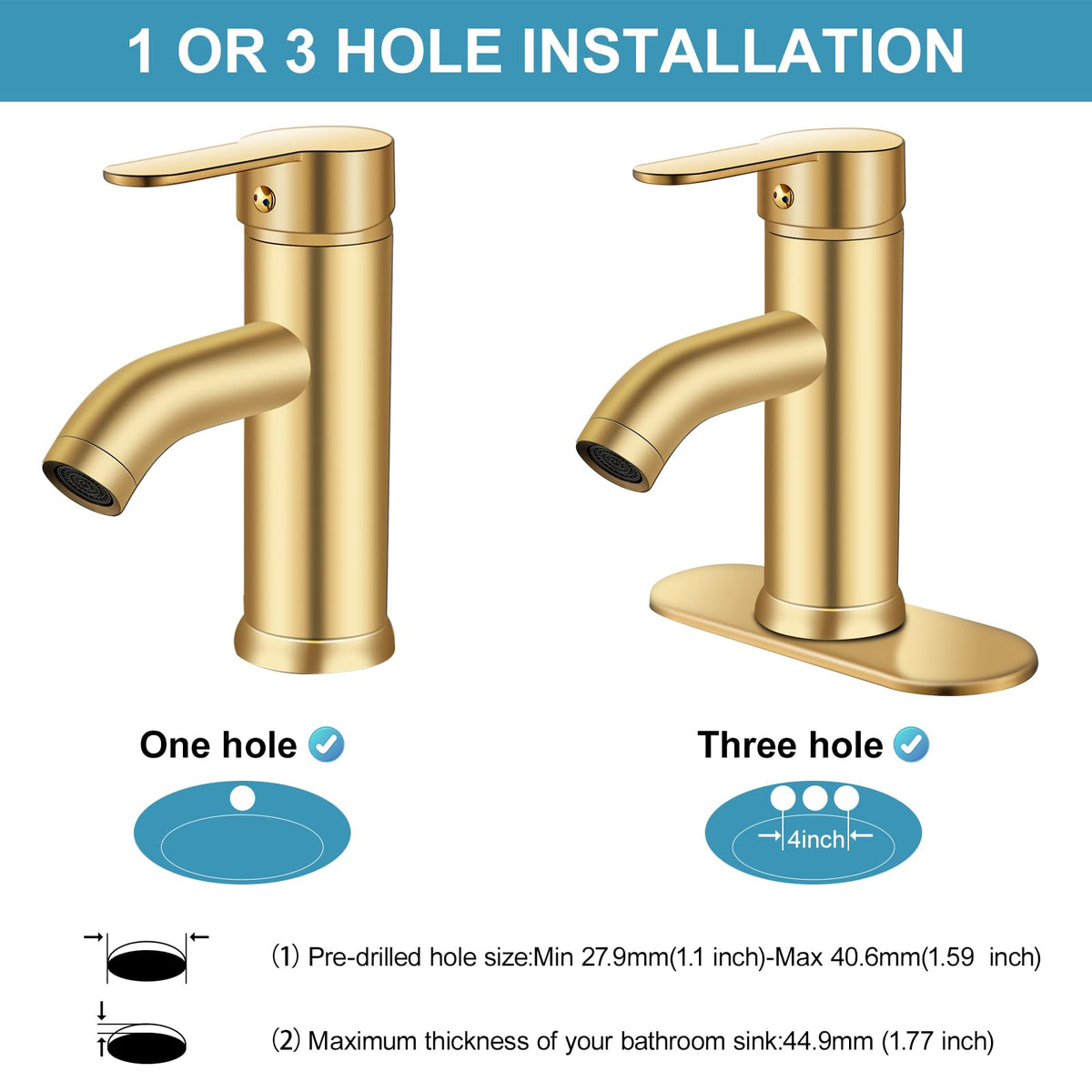 PONAFOU deck-mount with pop-up drain for 1- or 3-hole sinks.