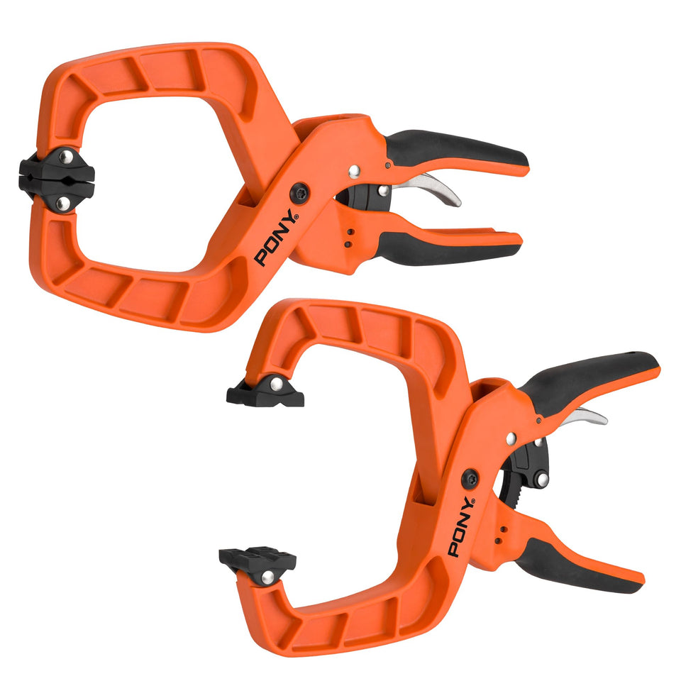 PONY 2-pack 4-inch quick-release ratcheting wood clamps in action for secure woodworking projects.