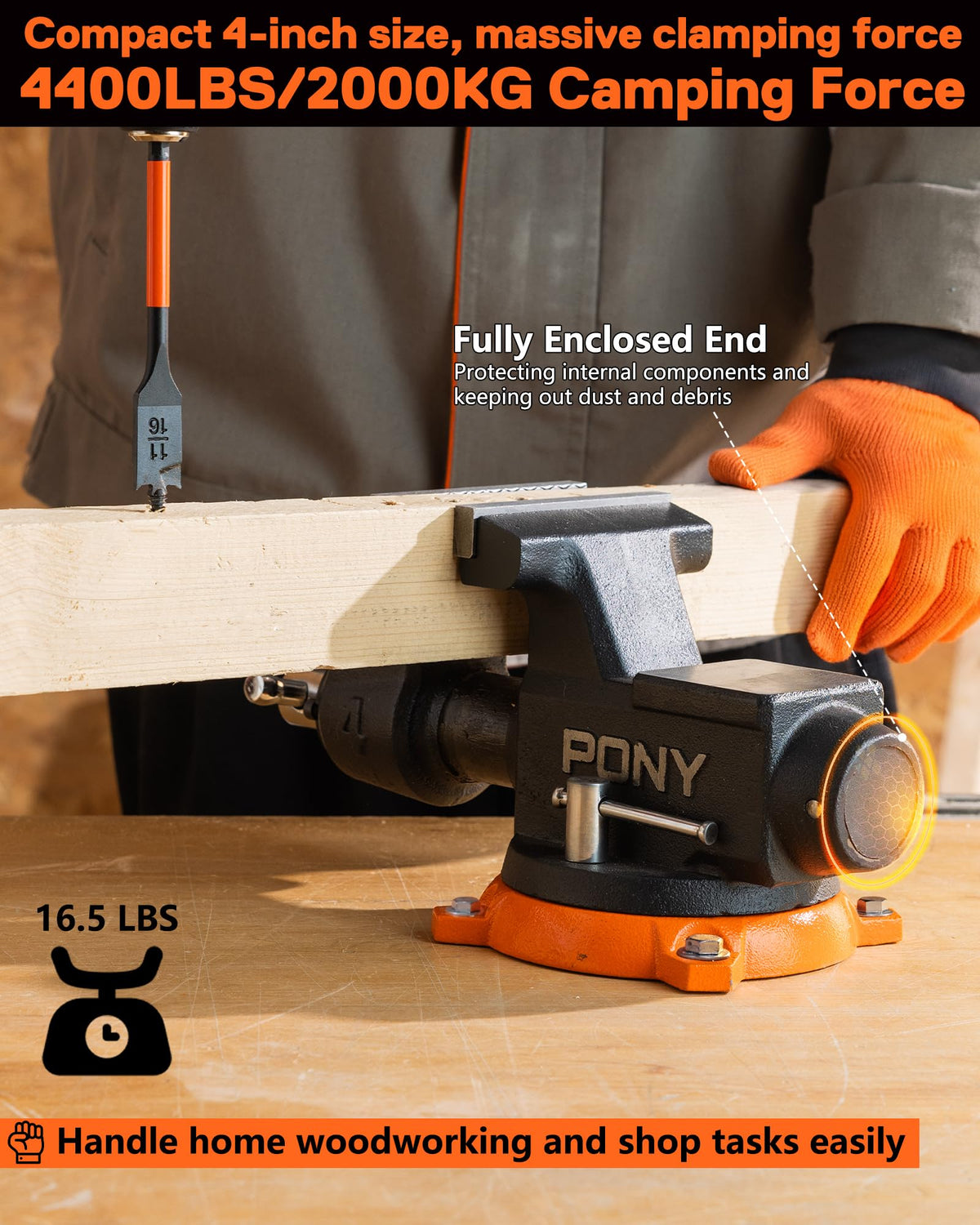 PONY vise with 360-degree base enables versatile angles for tight-space tasks