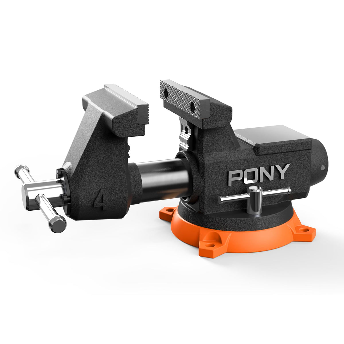 PONY 4-inch bench vise front view highlighting powerful clamping for woodworking and metalworking