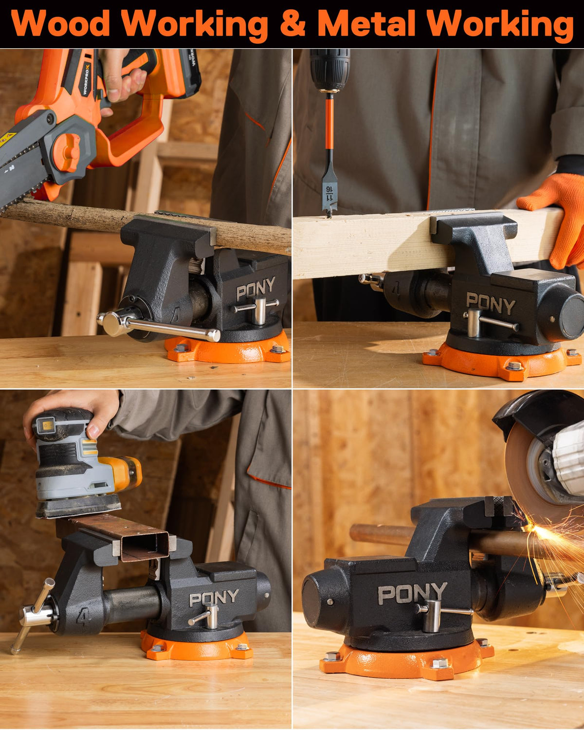 Rotatable base and built-in anvil enable flexible setups during drilling and pipe cutting