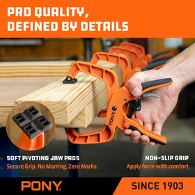 PONY 4-inch jaw width clamps accommodate a range of material thicknesses with stability.
