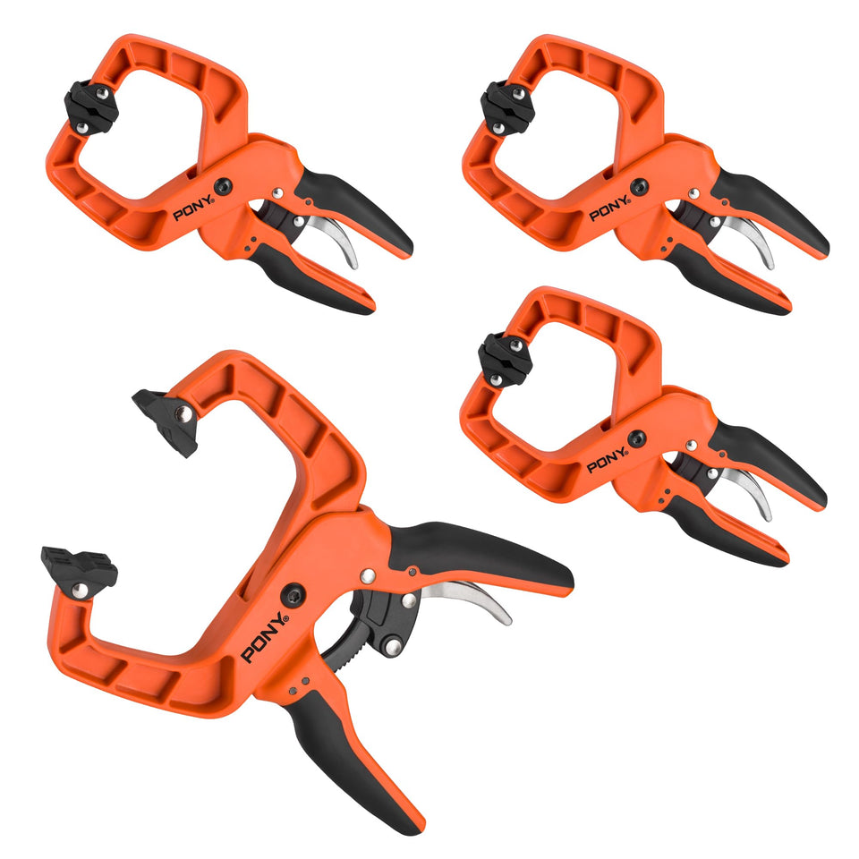 PONY 4-pack clamps with box-joint design securing wood pieces firmly