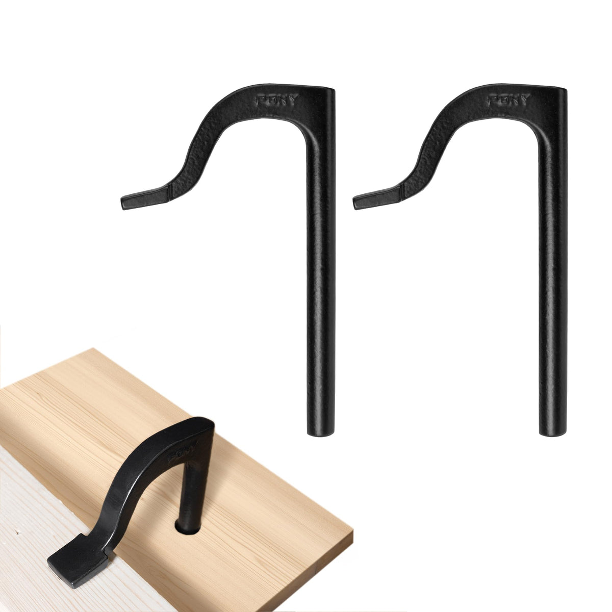 PONY 8-inch bench hold-down clamp assembly demonstrating quick-lock action for secure workpieces