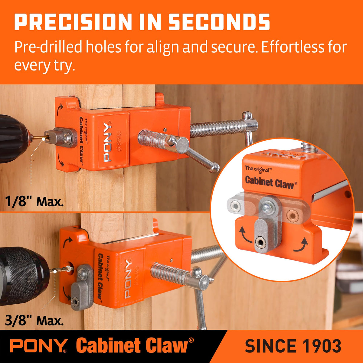 PONY 8510 cabinet claw pilot-hole guide enables screw driving without repositioning.