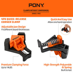 PONY adjustable jaw corner clamp for accurate right-angle assemblies.