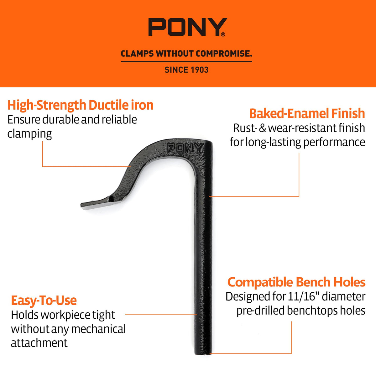 PONY bench dog clamp top view illustrating stable clamping without knobs