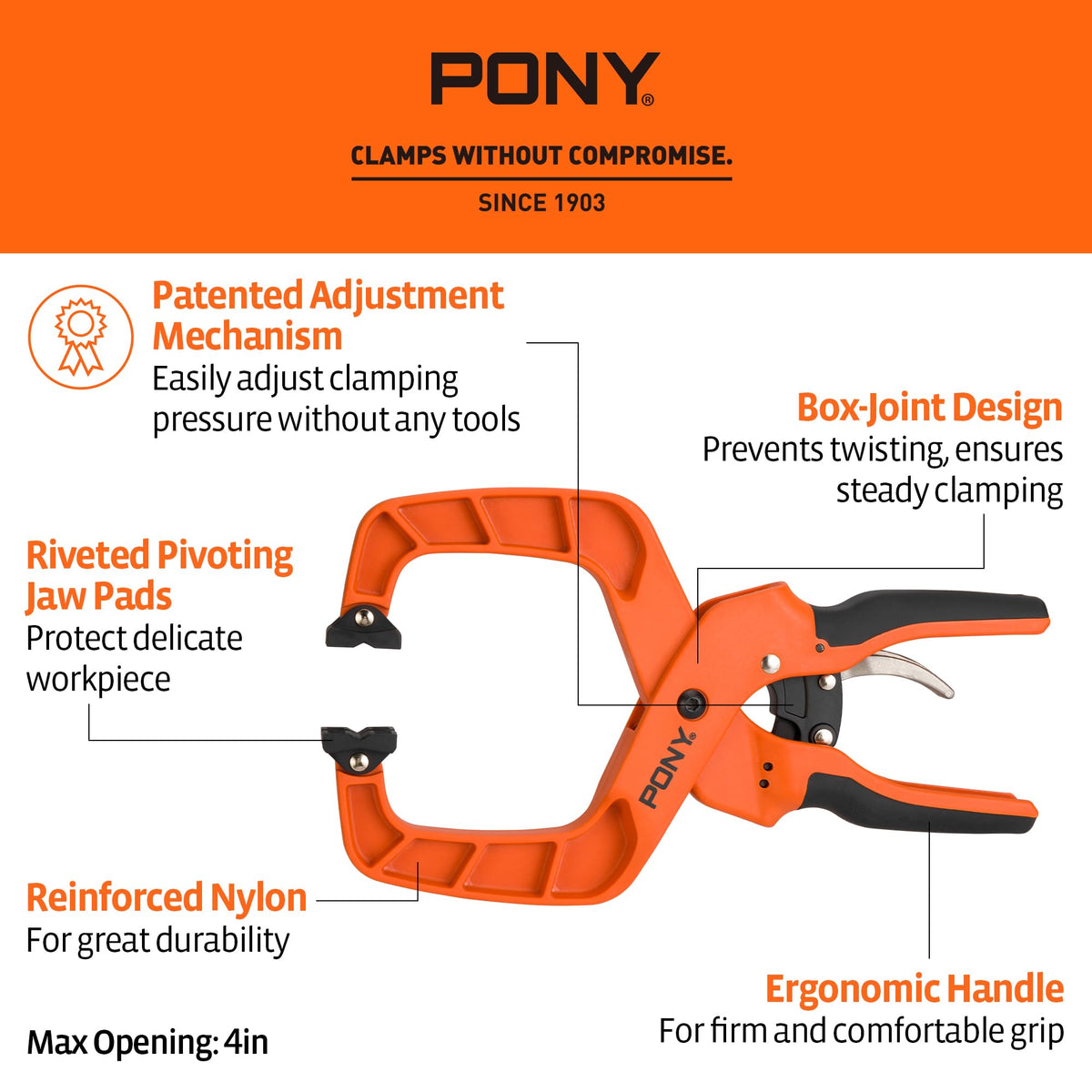 PONY box-joint design clamps hold boards steadily during gluing and alignment.