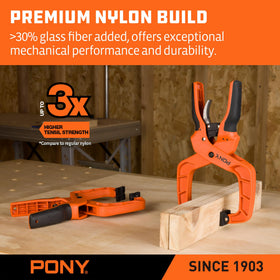 PONY nylon body with glass fiber reinforcement increases durability for heavy-duty use.