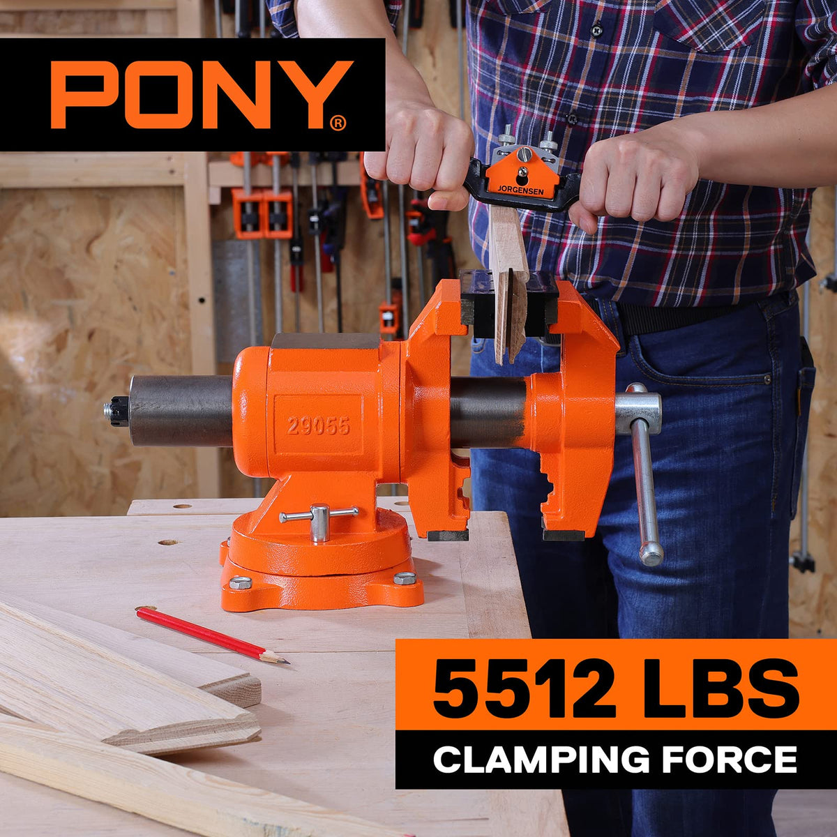 PONY bench vise 360-degree swivel base enables versatile positioning