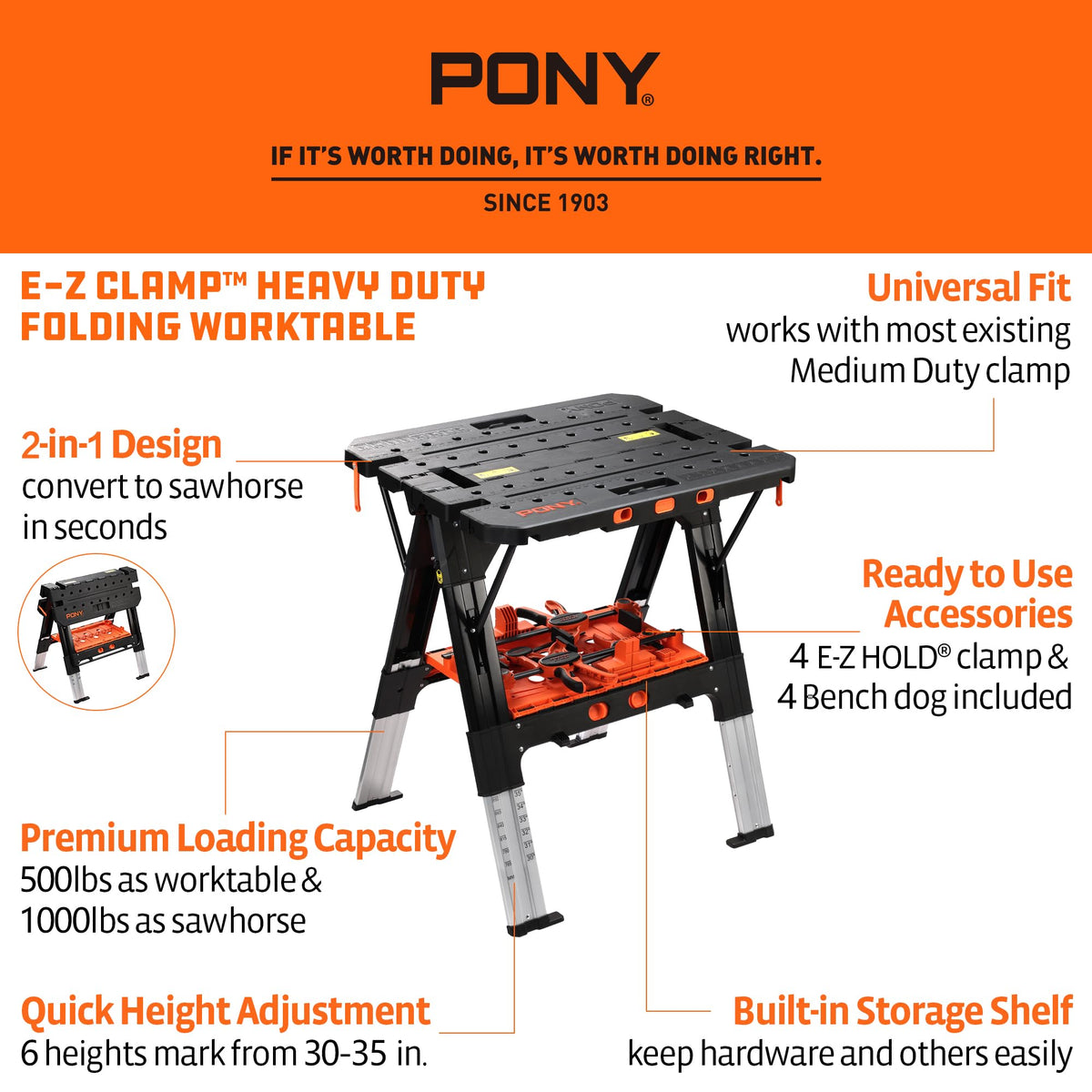 PONY adjustable-height worktable supports six positions for comfortable use.